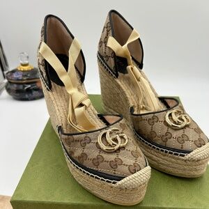 Women’s Gucci, Pilar GG ankle tie, espadrille platform wedge sandal size 42